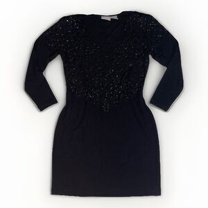 Vtg Liz Claiborne L Black LSlv WOOL Blend Heavy Beaded Women Party Formal Dress